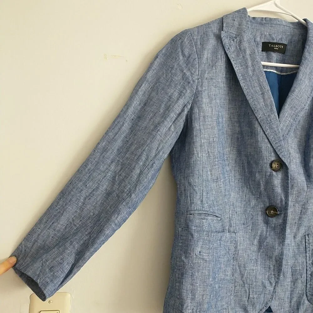 Talbots Blazer Jacket Womens MPetite Blue 100% Linen 2-Button Lined Coastal
